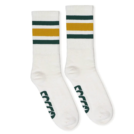 SOCCO Era Collection | Natural Crew Sock | Gold and Green Stripes