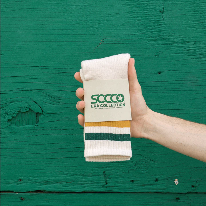 SOCCO Era Collection | Natural Crew Sock | Gold and Green Stripes