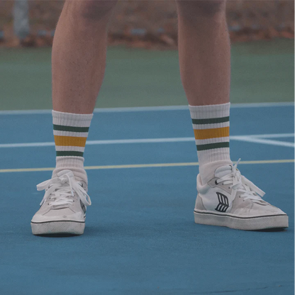 SOCCO Era Collection | Natural Crew Sock | Gold and Green Stripes