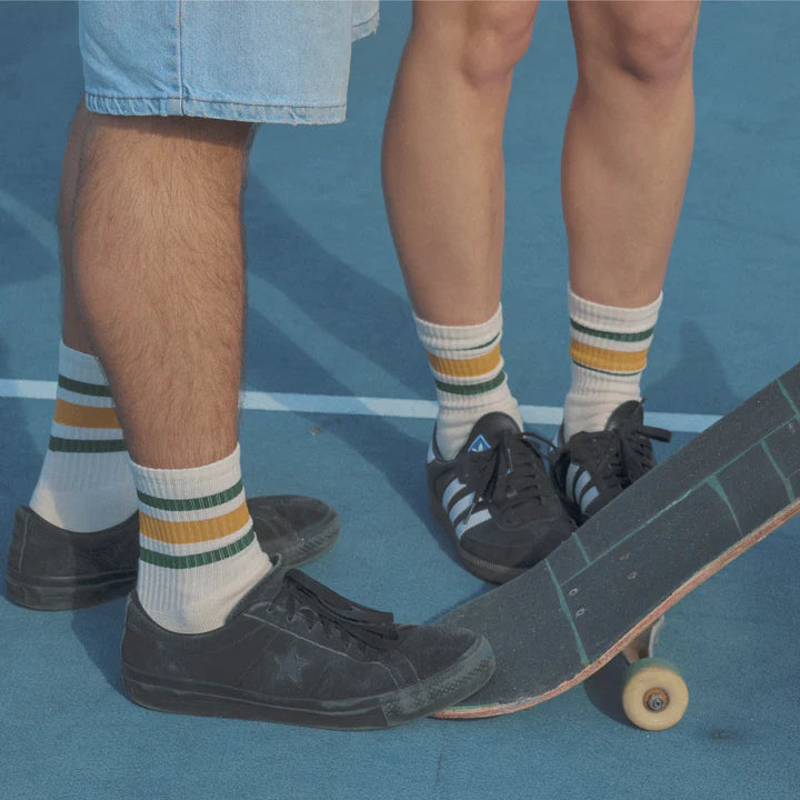 SOCCO Era Collection | Natural Crew Sock | Gold and Green Stripes